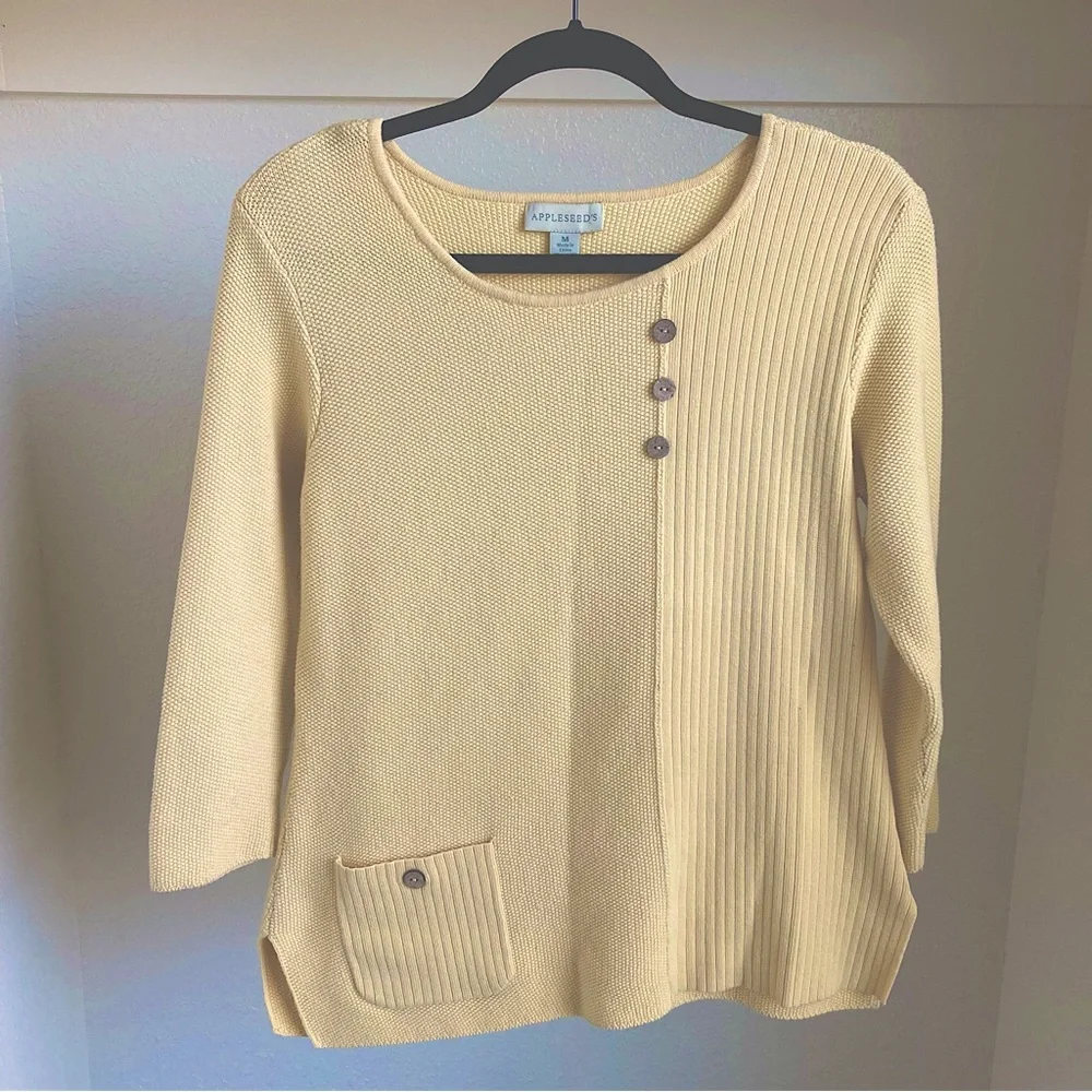 Appleseed’s Light‎ Butter Yellow Knit Sweater 100% Cotton Boho Hipster Medium